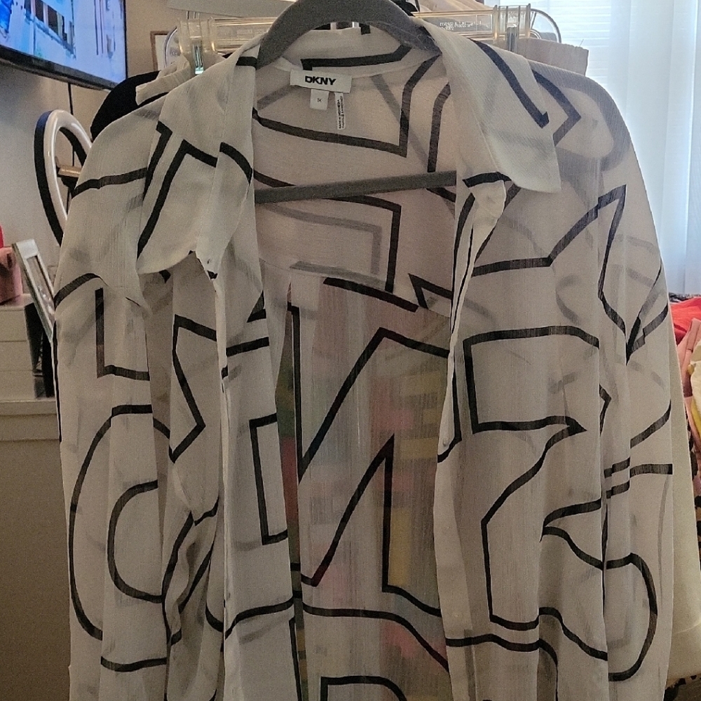 DKNY White Blouse with Black Abstract Design